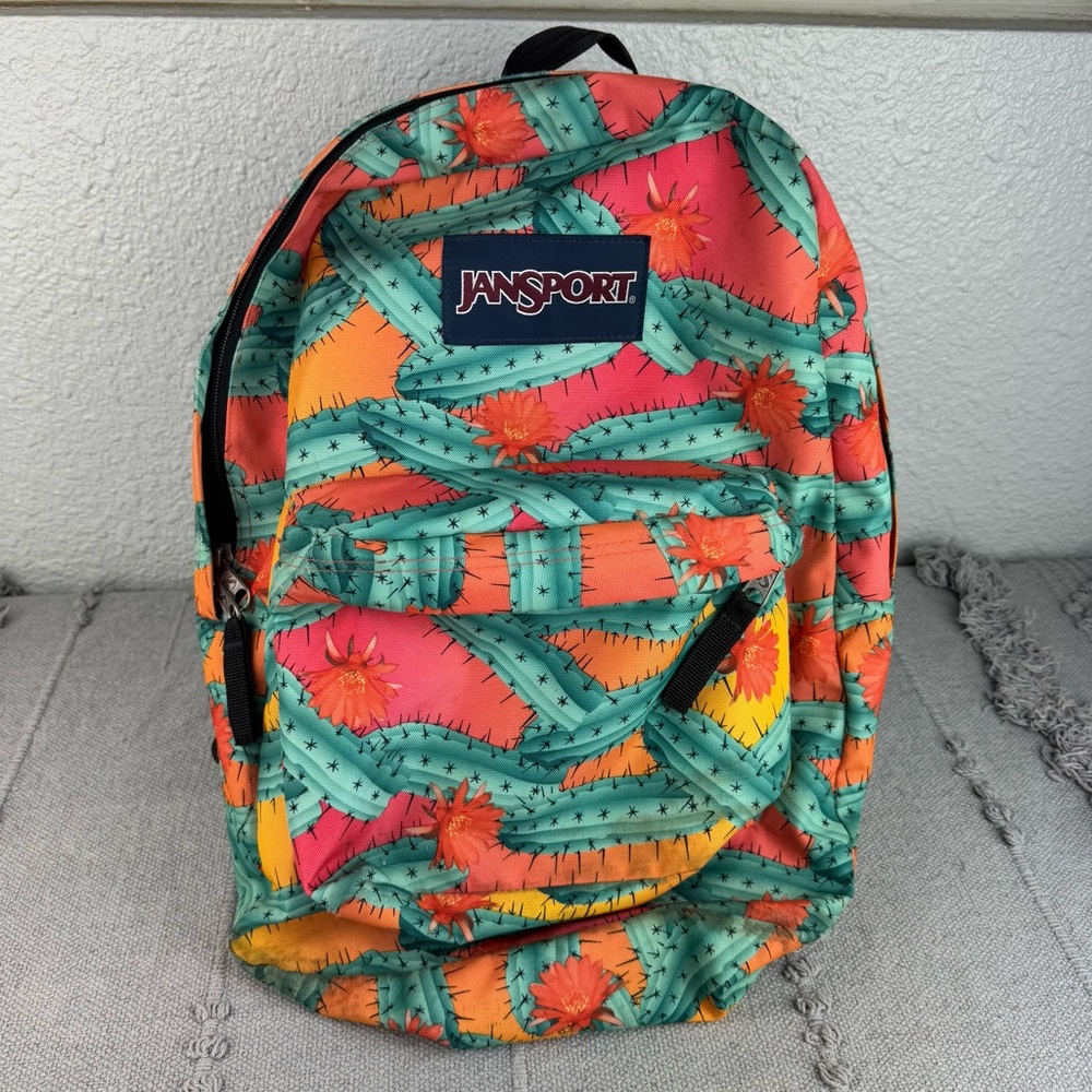 Jansport Cactus Flowers Backpack Red Orange Green Pink Bright Color School Bag